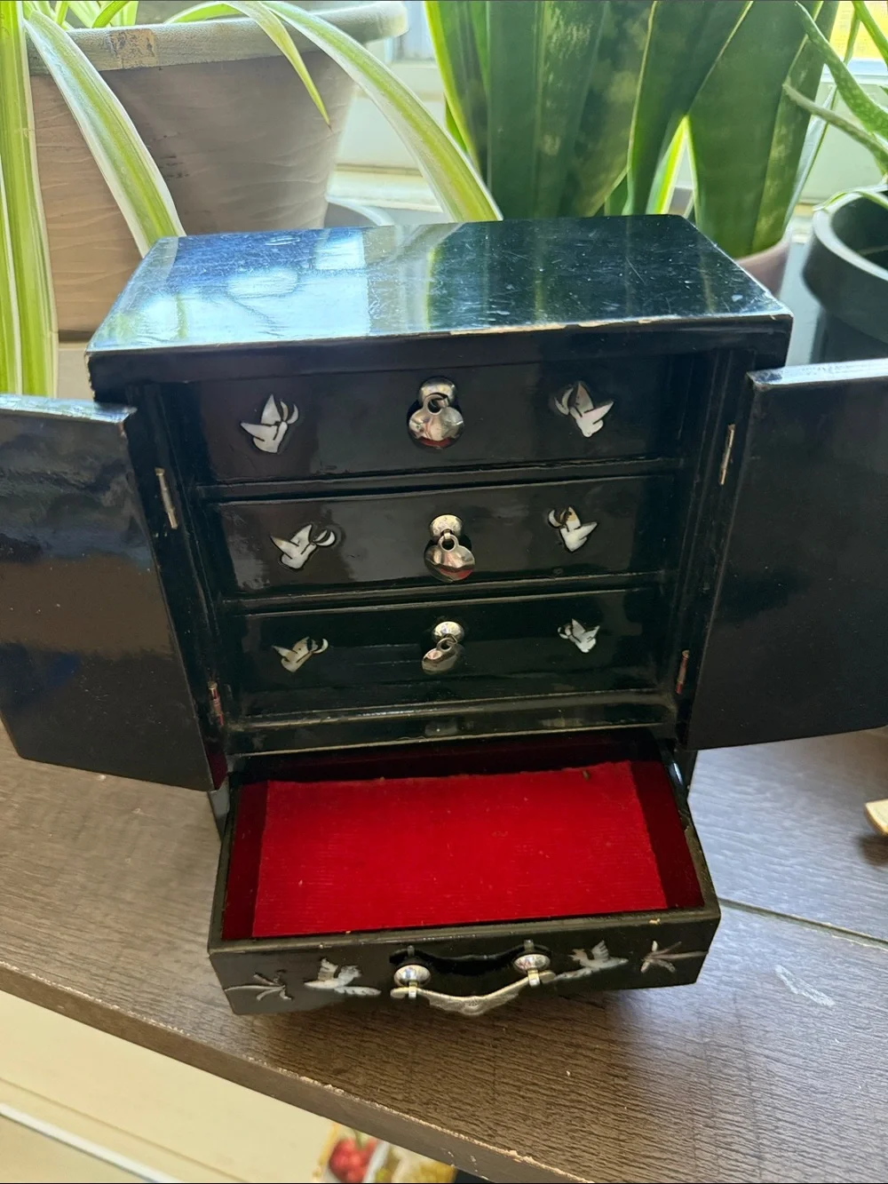 Vintage Black Mother-of-Pearl Inlaid Jewelry Cabinet